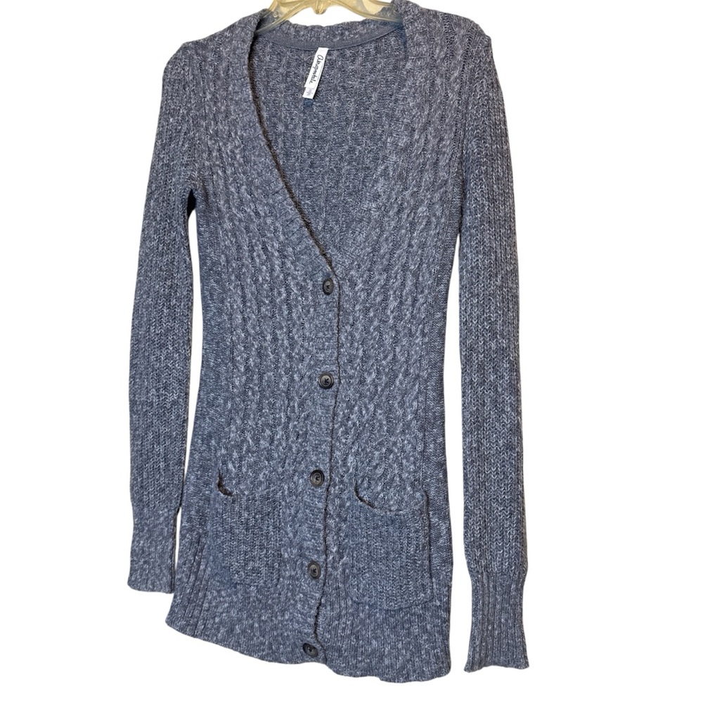 Classic Gray Cable Knit Cardigan Sweater Pockets Button Front